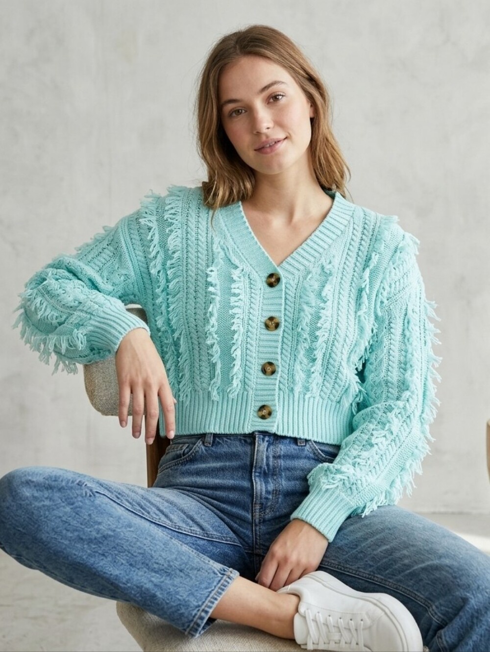 Habitual Fringe Knit‎ Crop Cardigan Sweater 10 Aqua Blue